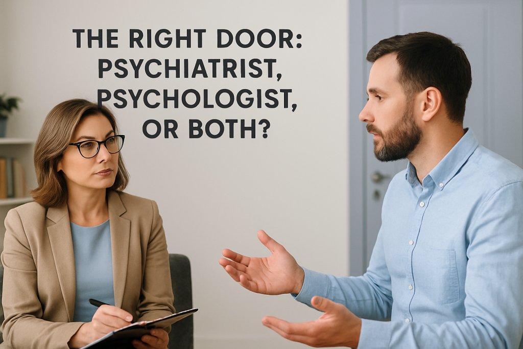 A mental health professional listening to an adult during a consultation